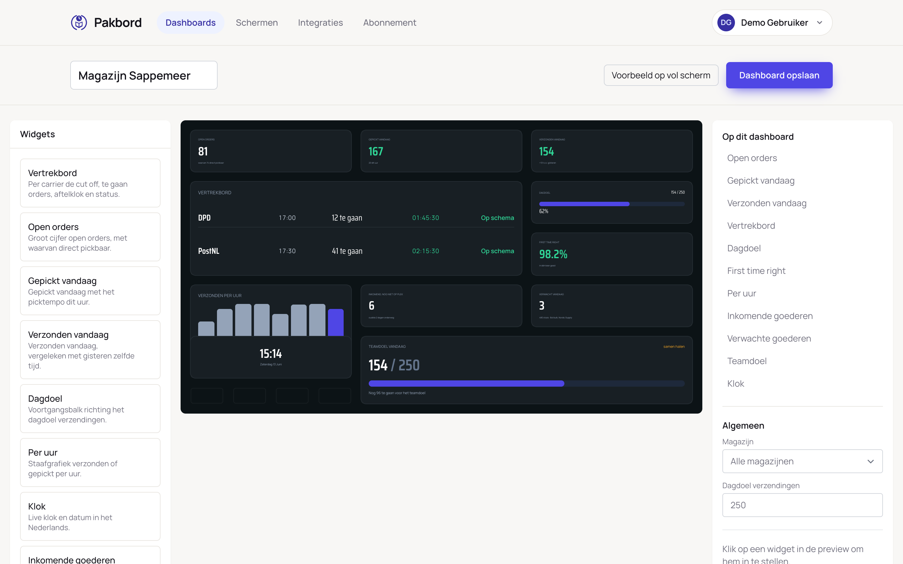 De dashboard builder van PickBoard: links de widgets, in het midden een live preview van het bord, rechts de instellingen voor het magazijn en het dagdoel