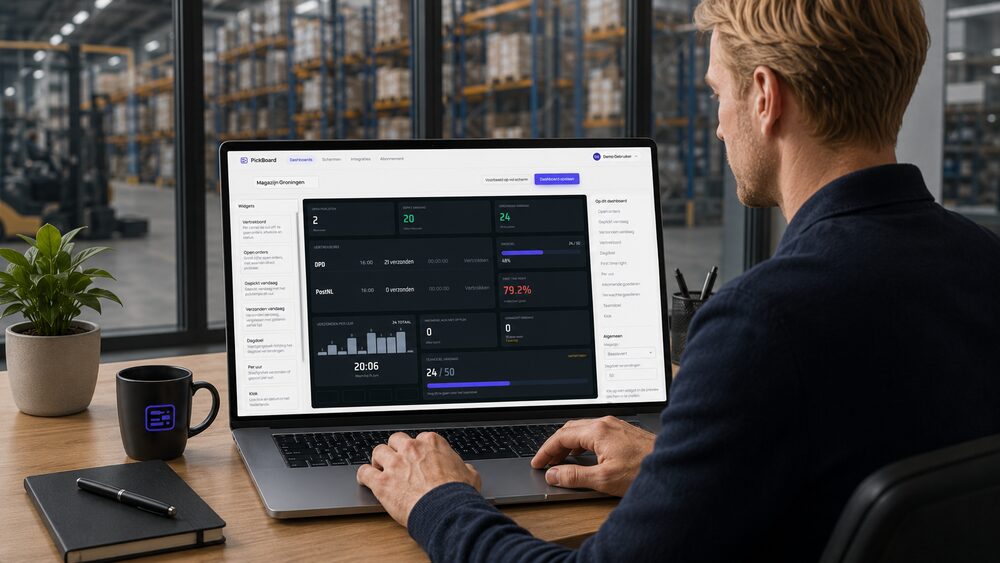 Iemand stelt het dashboard samen in de PickBoard builder op een laptop