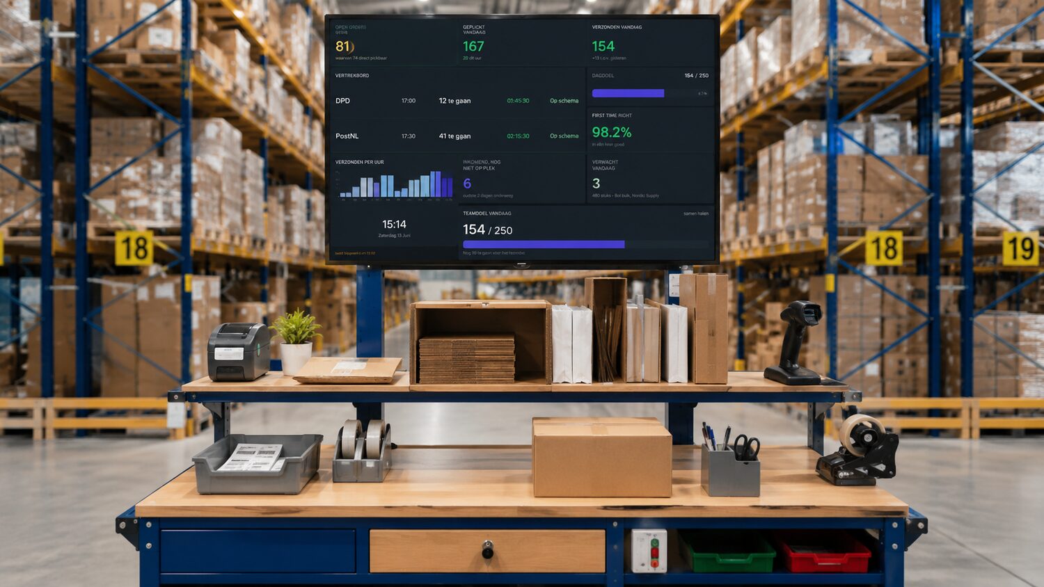 Het PickBoard dashboard op een groot scherm boven de paktafel in het magazijn, met het vertrekbord, open orders en het dagdoel