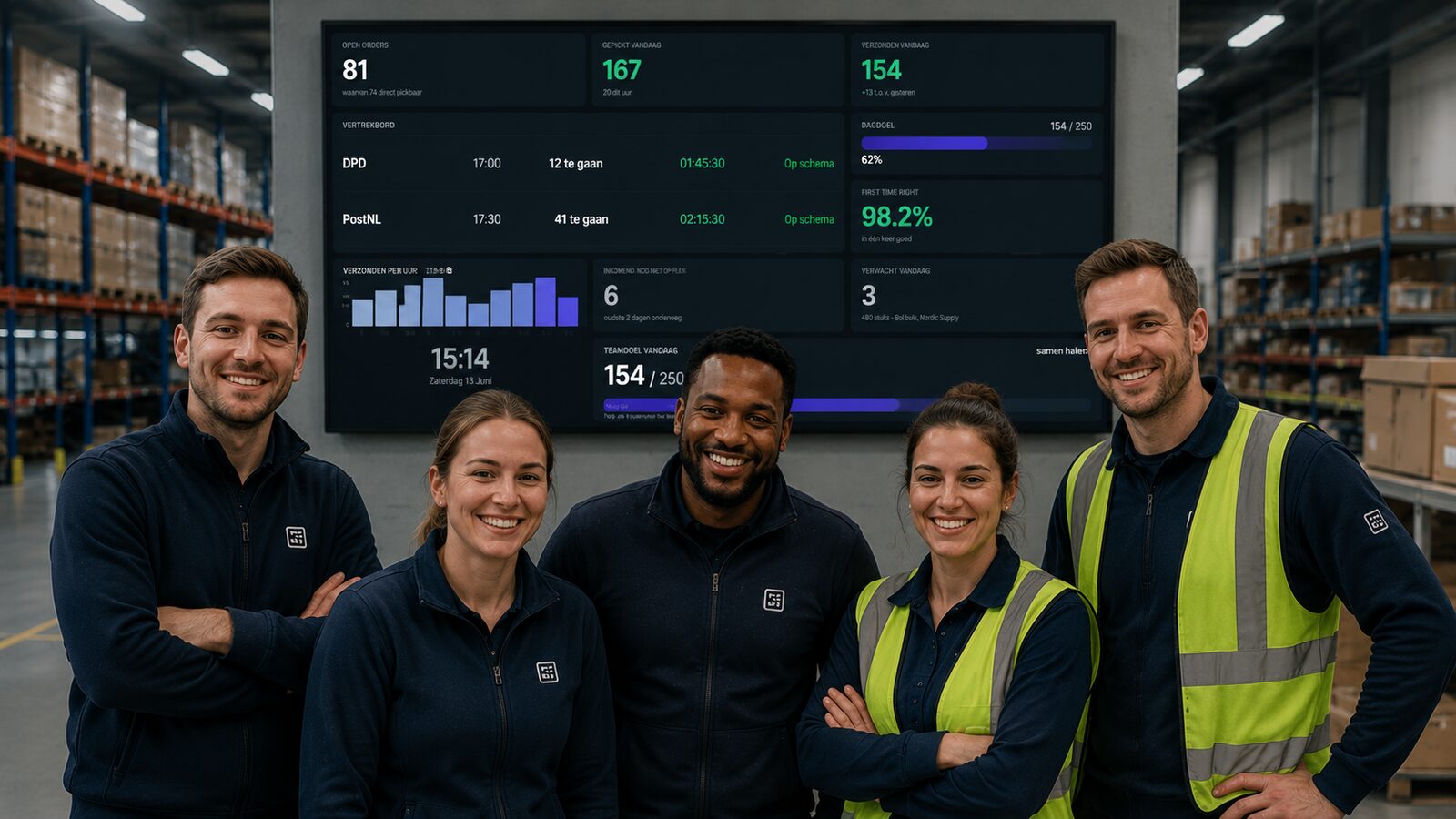 Het magazijnteam voor het PickBoard dashboard op een groot scherm in de loods